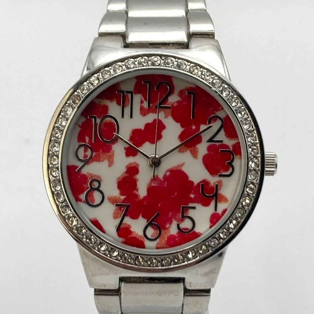 Modern Women's Watch 36mm Silver Tone Red Floral Dial Crystals New Battery 6.5